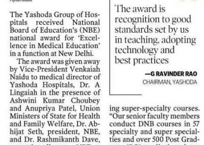Excellence award for yashoda hospitals