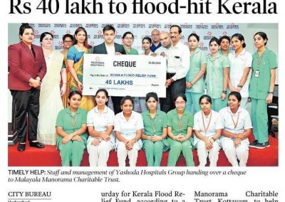 Yashoda Hospitals contributes 40 lakhs to Kerala Flood Relief